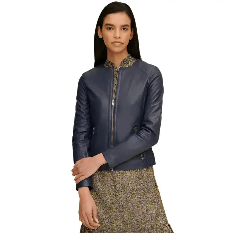Women's Blue Leather Crew Neck Jacket-3