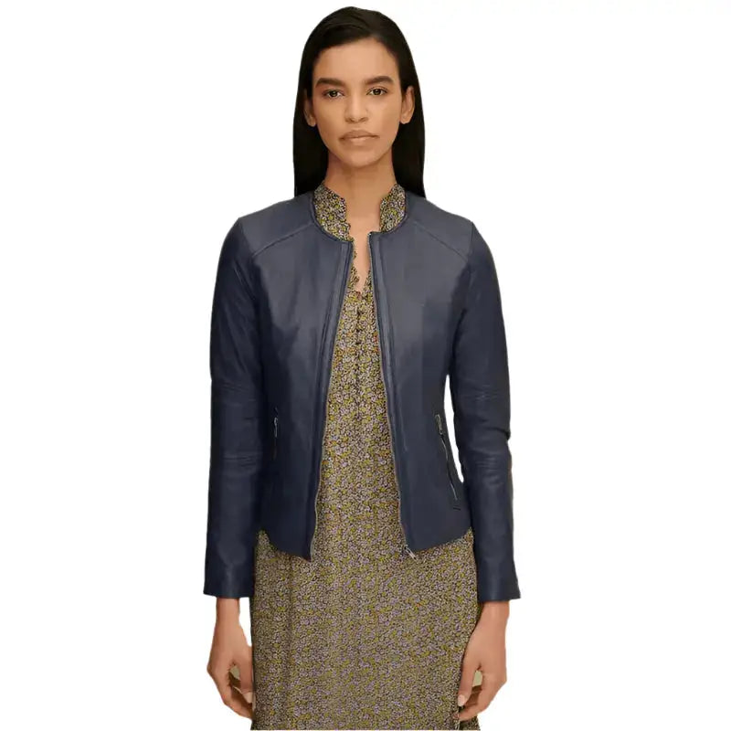 Women's Blue Leather Crew Neck Jacket-0