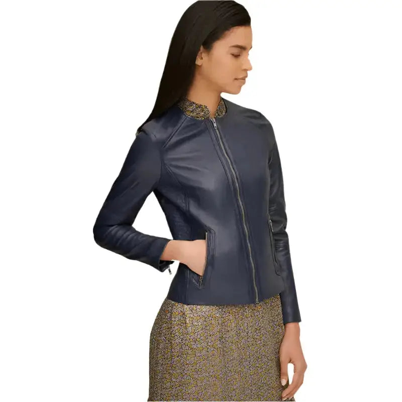 Women's Blue Leather Crew Neck Jacket-2