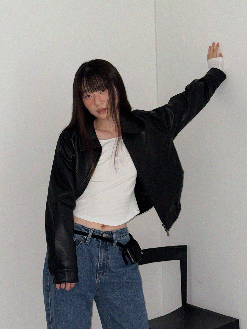 [TWEE] Loved Collar Blouson Jumper [Suede/ Leather]-4