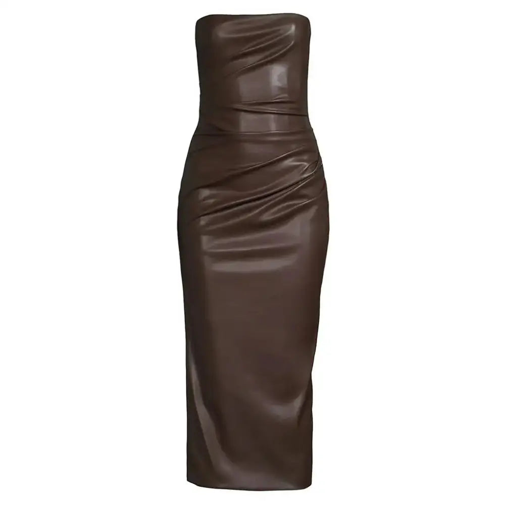Women’s Dark Brown Minimal Leather Tube Dress-3