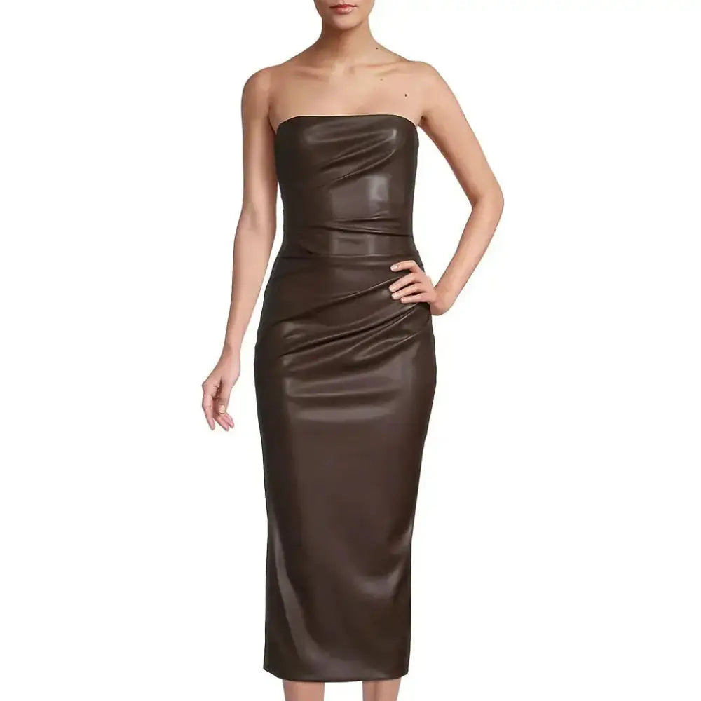 Women’s Dark Brown Minimal Leather Tube Dress-0