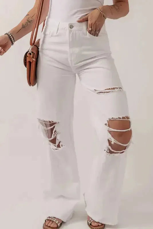 Distressed Straight Leg Jeans - White-3