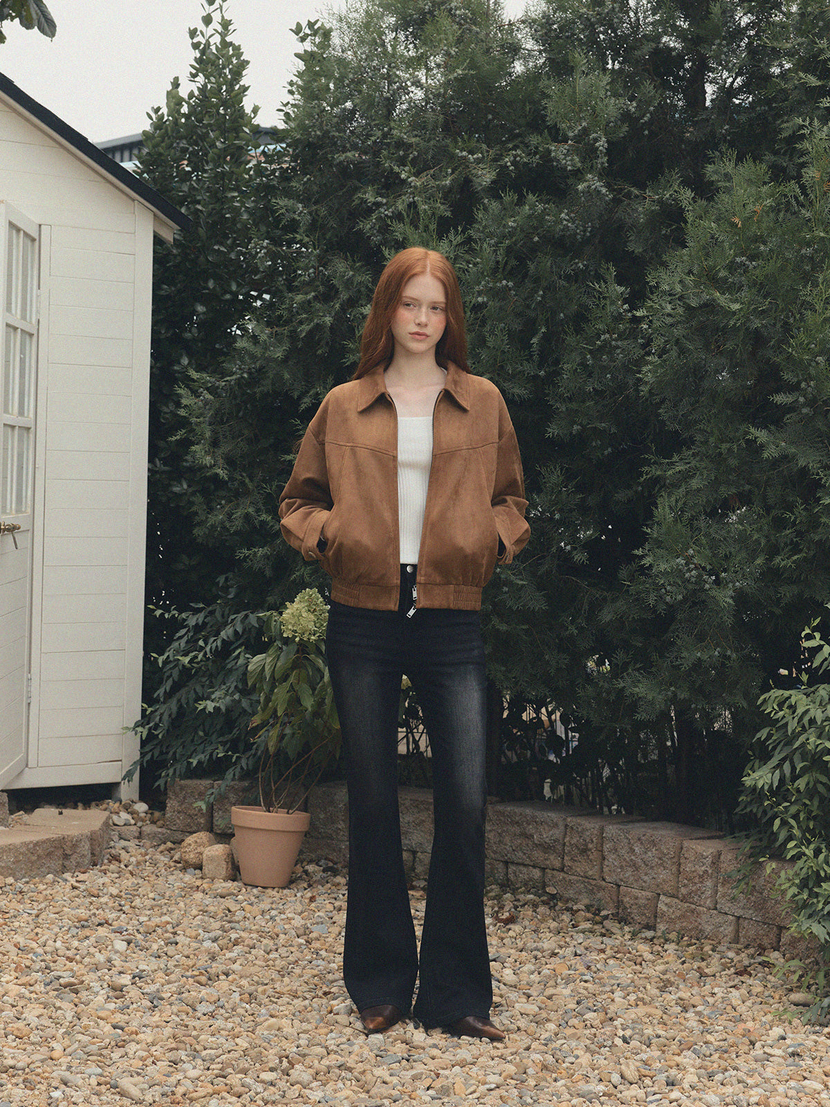 [TWEE] Loved Collar Blouson Jumper [Suede/ Leather]-1