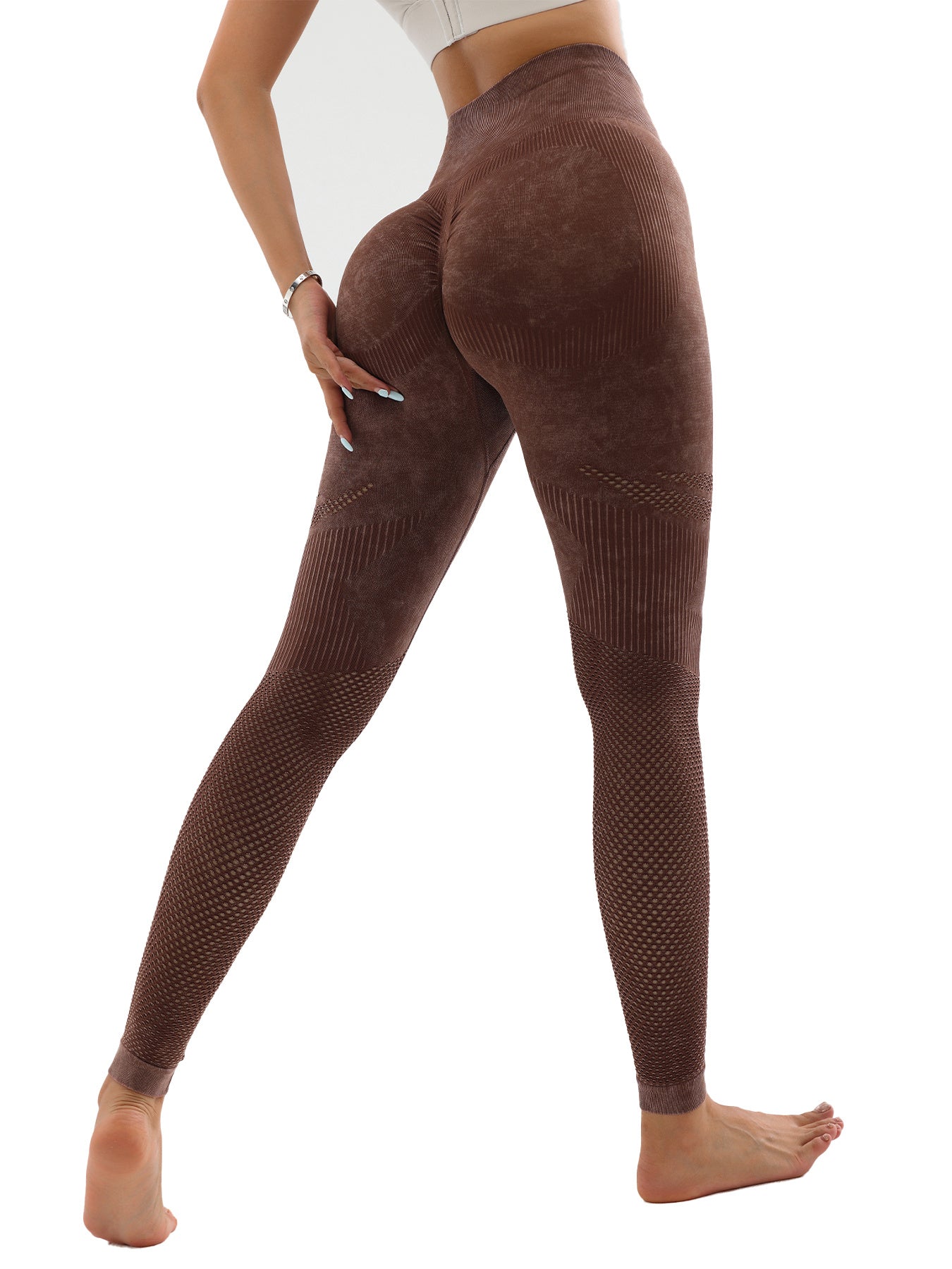 Women's Hollow Wide Band Waist Sports Leggings With Butt Ruching, Scrunch Butt Lifting Tights Seamless Yoga Tummy Control Pants-4