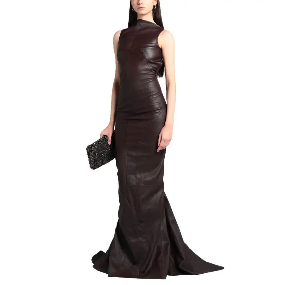 Women’s Elegant Burgundy Leather Evening Gown-0