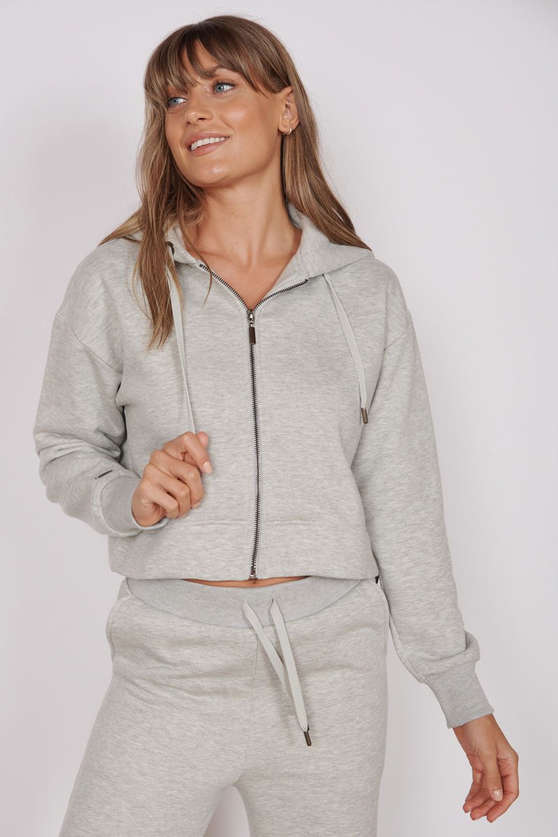 Rosa Light Grey Zip Through Cropped Hoodie-1