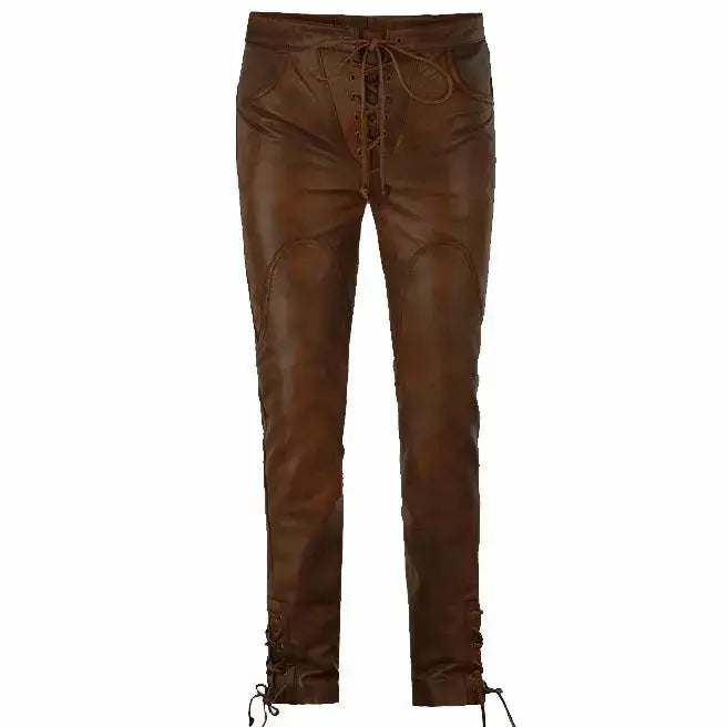 Tan Brown Leather Biker Jeans-0