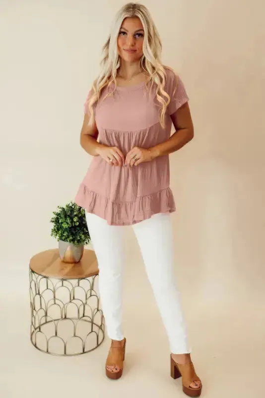 Pink Short Sleeve Ruffle Hem Top-3
