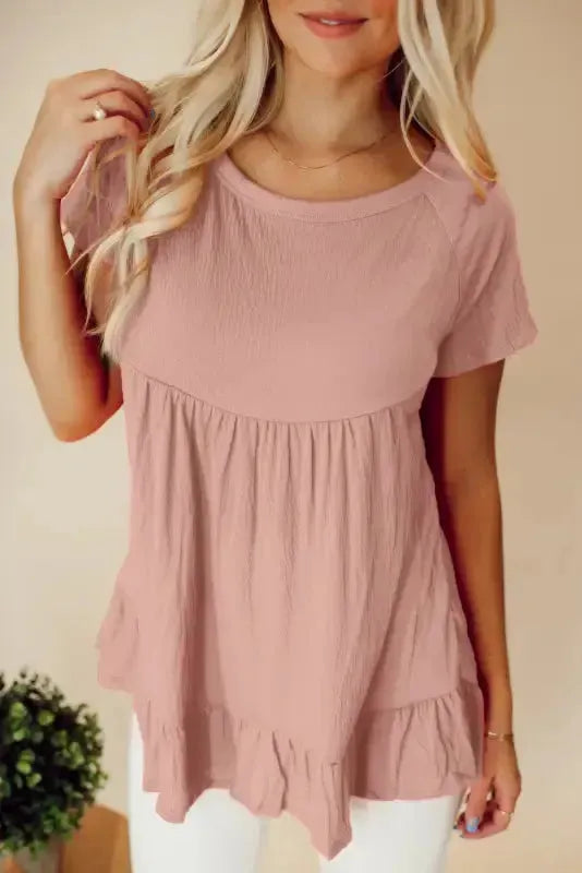 Pink Short Sleeve Ruffle Hem Top-0