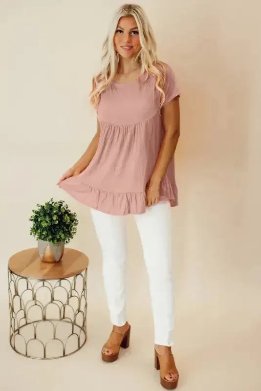 Pink Short Sleeve Ruffle Hem Top-4