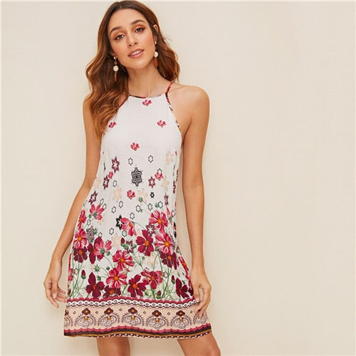 Floral Print Spaghetti Strap Boho Beach Straight Dress Women Summer Holiday Sleeveless Button Back Short Cami Dresses-0