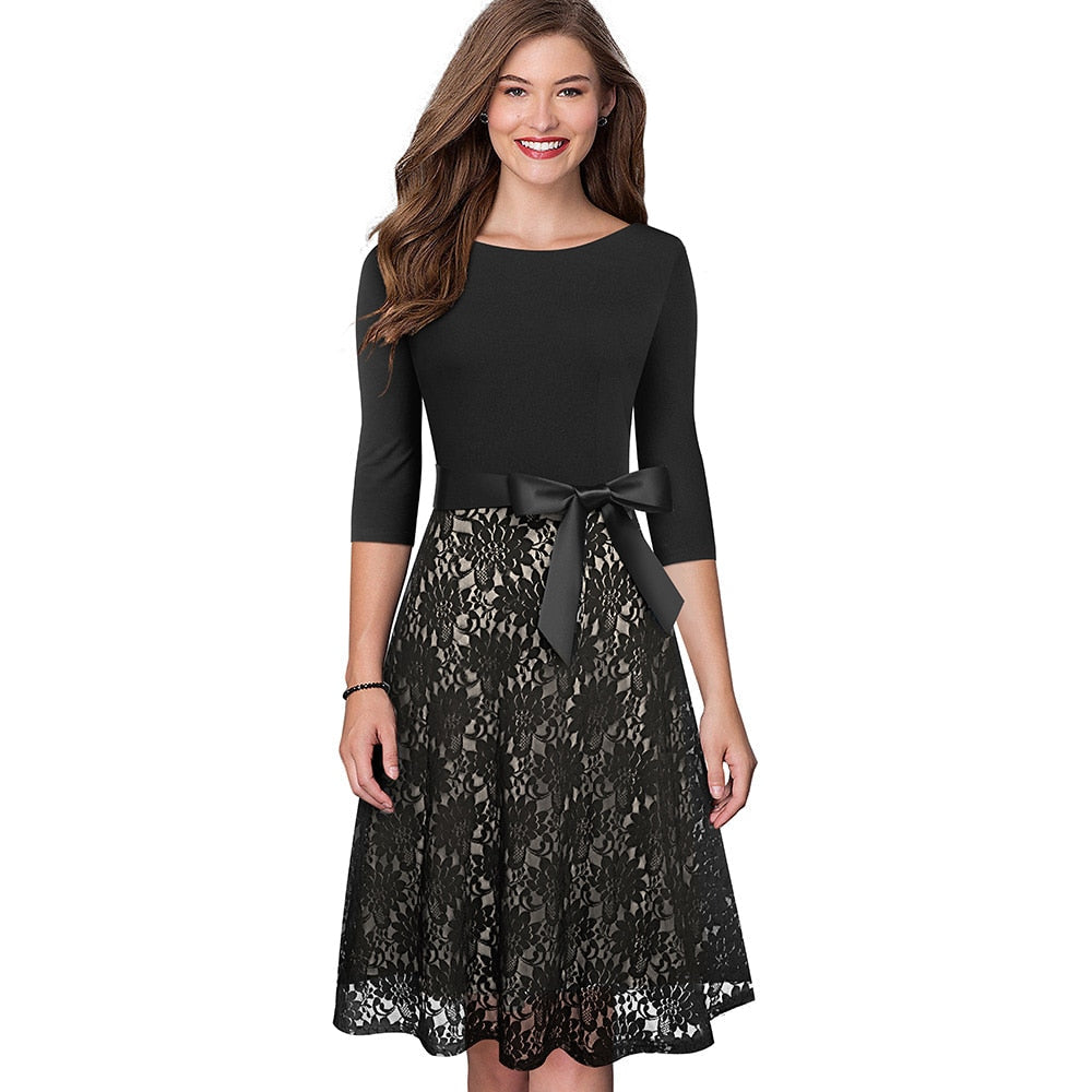 Retro Vintage Lace Patchwork with Sash Dresses Cocktail Party Flared Women Dress-0