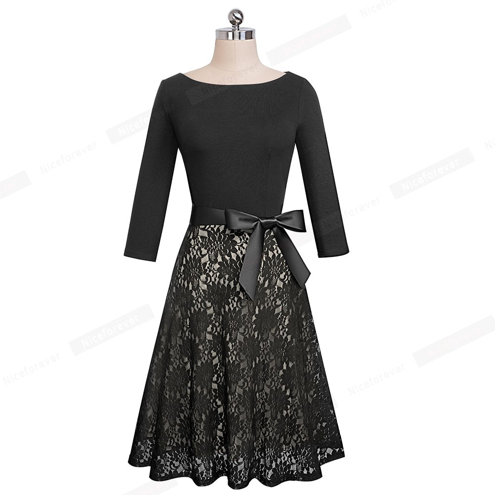 Retro Vintage Lace Patchwork with Sash Dresses Cocktail Party Flared Women Dress-2