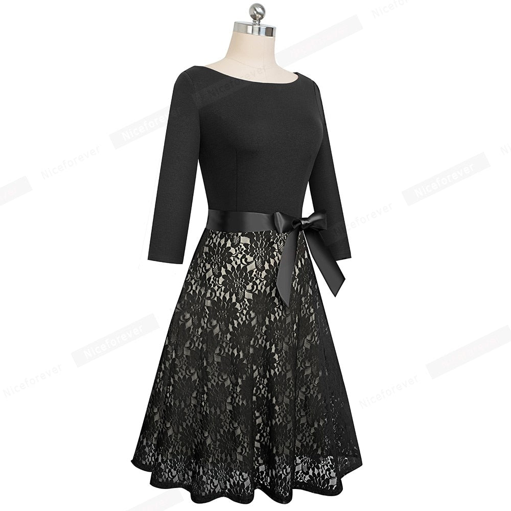 Retro Vintage Lace Patchwork with Sash Dresses Cocktail Party Flared Women Dress-4