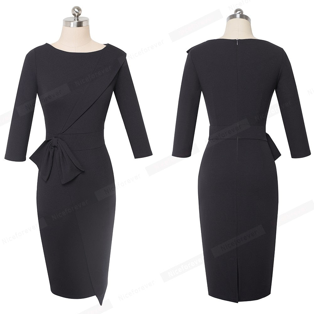 Pure Color with Bow Peplum Dresses Formal Business Bodycon Autumn Women Dress-3