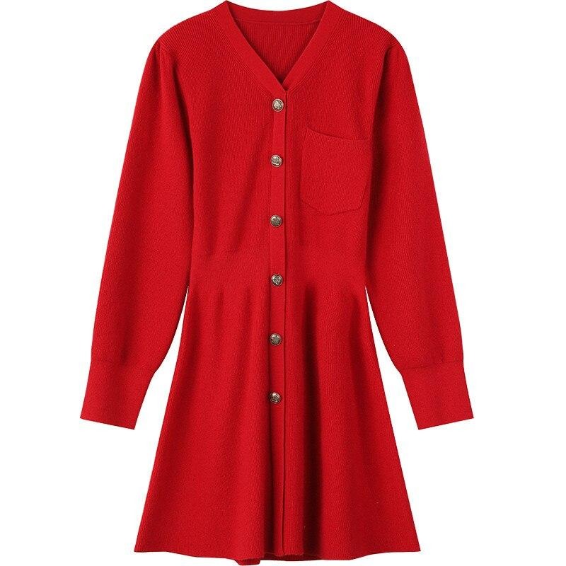 Solid Pure High Waist Casual Knit Women Mini Dress,Spring ELF Vintage Chic Button Korean Female Party Dresses-0