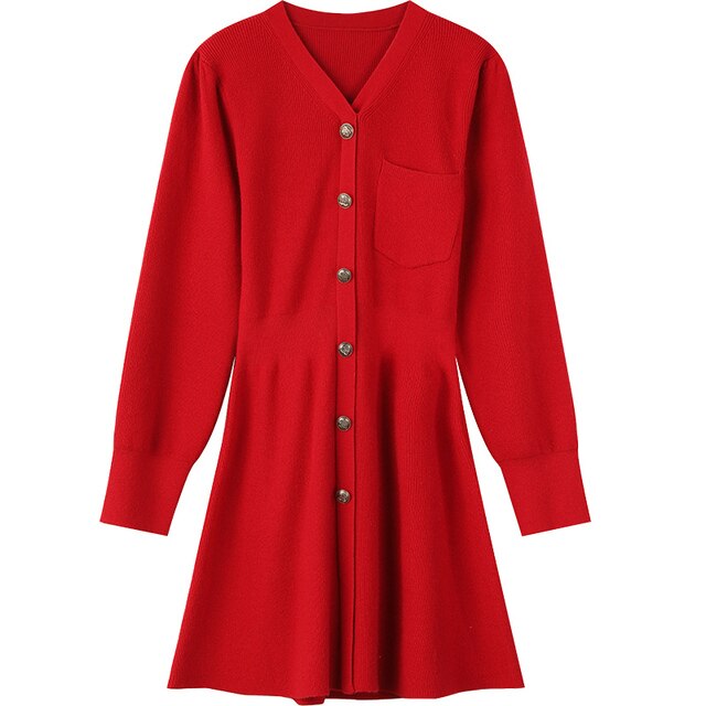 Solid Pure High Waist Casual Knit Women Mini Dress,Spring ELF Vintage Chic Button Korean Female Party Dresses-6