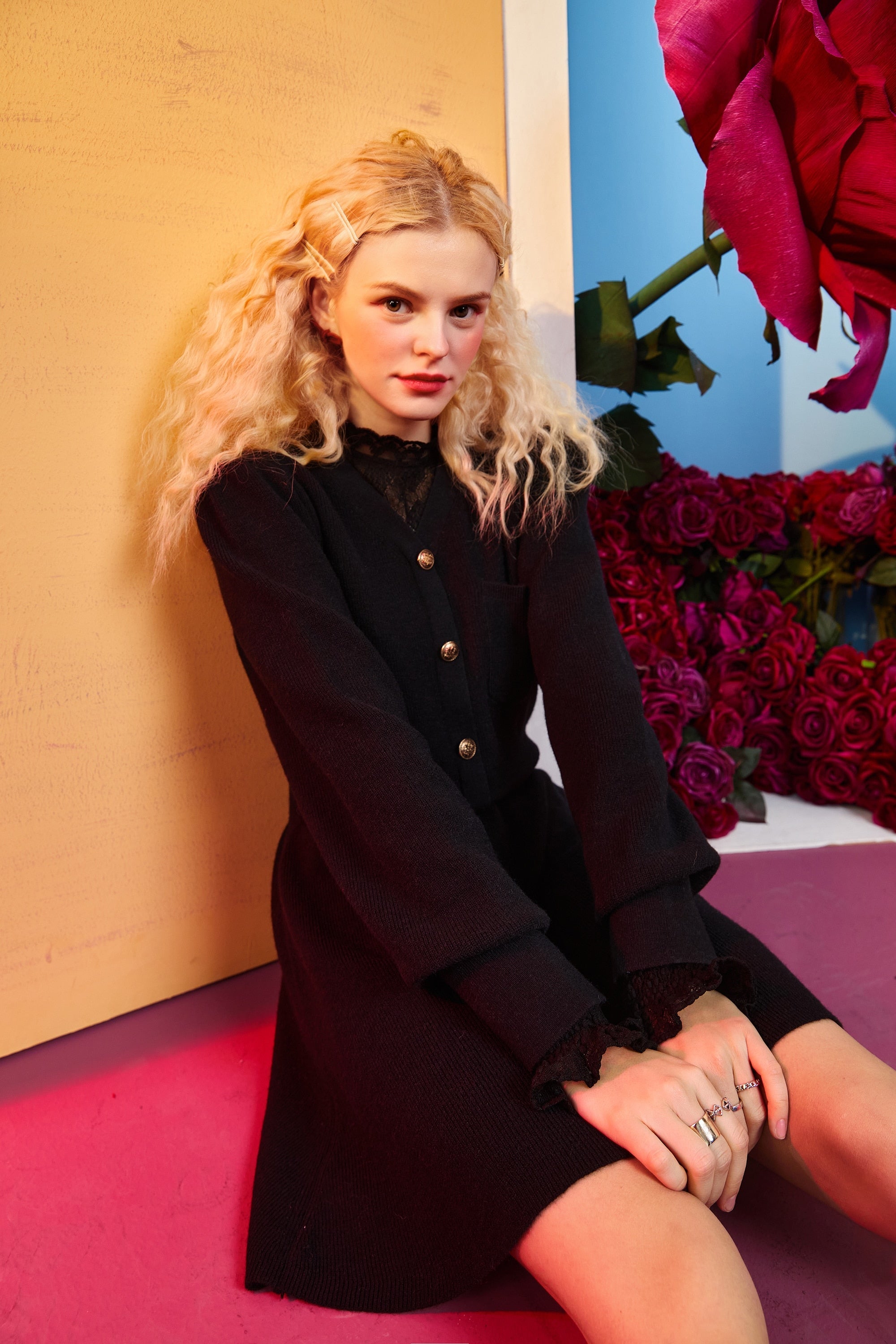 Solid Pure High Waist Casual Knit Women Mini Dress,Spring ELF Vintage Chic Button Korean Female Party Dresses-3