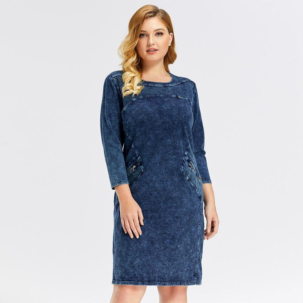 Women's Plus Size Denim Dress Elasticity Knitted Denim Dresses Slim Fit Casual Dress  Knee-Length Midi Dress-0