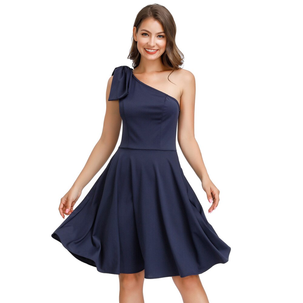 Sexy Women Bow-Knot dress Asymmetric One Shoulder Flared A-Line Dress elegant pure color knee length evening party dresses lady-0