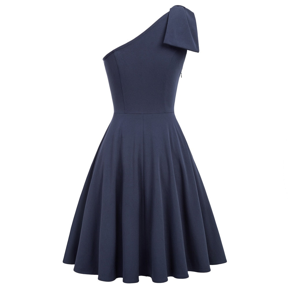Sexy Women Bow-Knot dress Asymmetric One Shoulder Flared A-Line Dress elegant pure color knee length evening party dresses lady-2