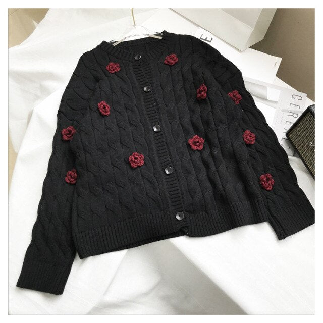 High Quality Women Winter Embroidered Floral Cardigan Sweater Outwear Knit Female Clothes Christmas Luxury-4