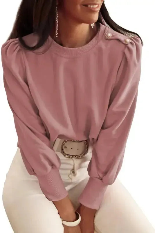 Rose Tan Button Tab Detail Long Sleeve Top-3
