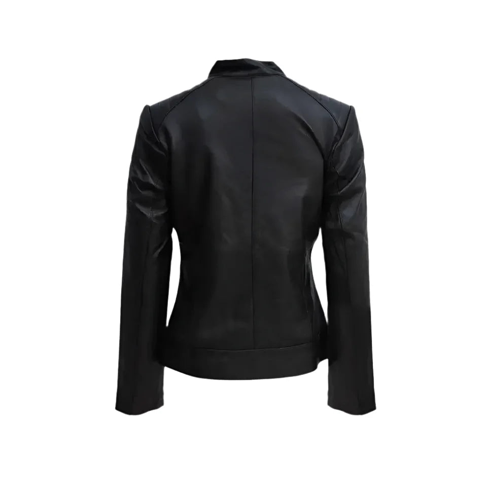 Women’s Black Zipper Biker Jacket with Lip Collar-1