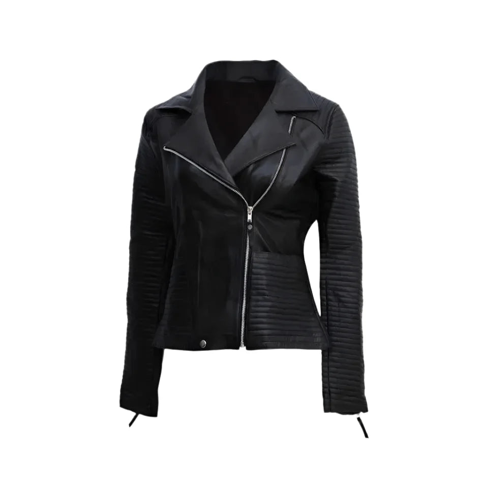 Women’s Black Zipper Biker Jacket with Lip Collar-0