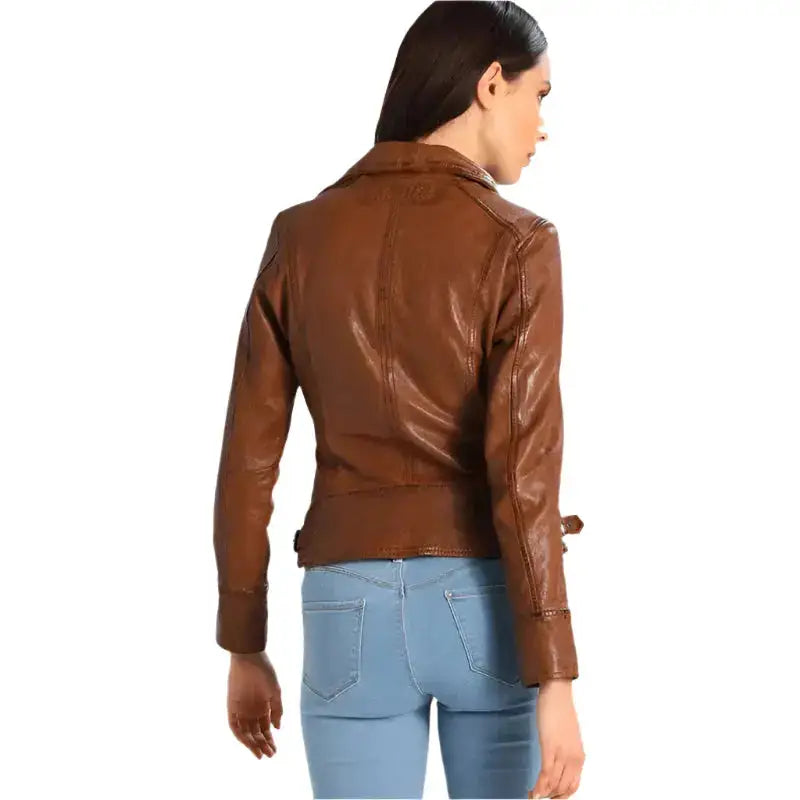 Women’s Brown Leather Biker Jacket-1