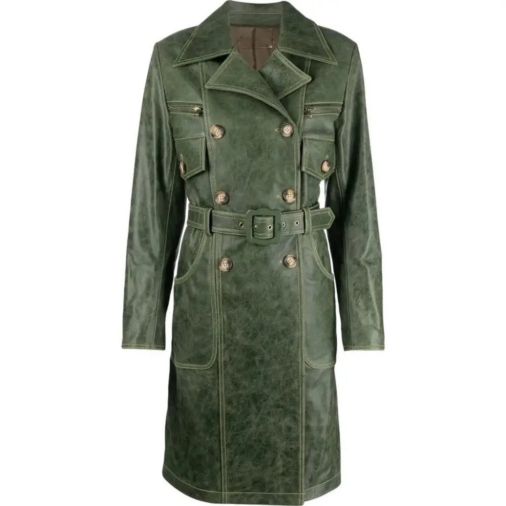 Women's Green Distressed Leather Trench Coat-0