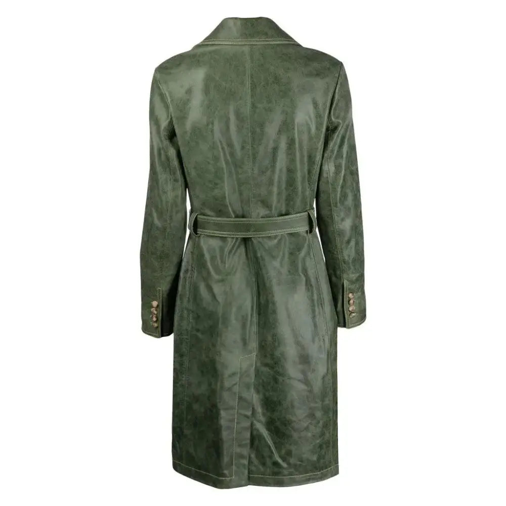 Women's Green Distressed Leather Trench Coat-1