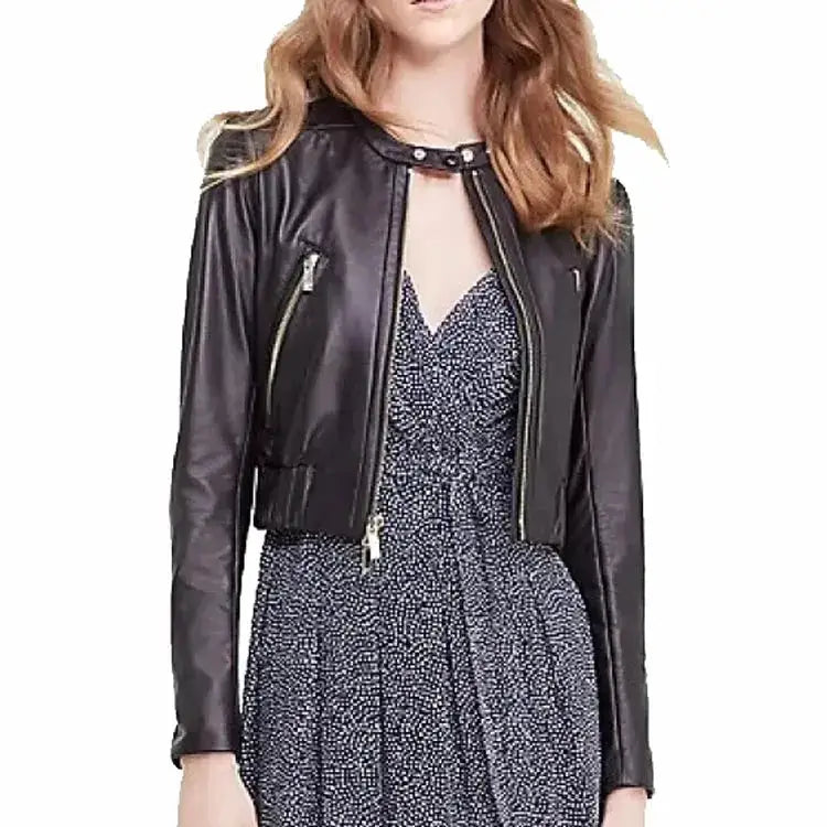 Women's Black Short Leather Bomber Jacket-0