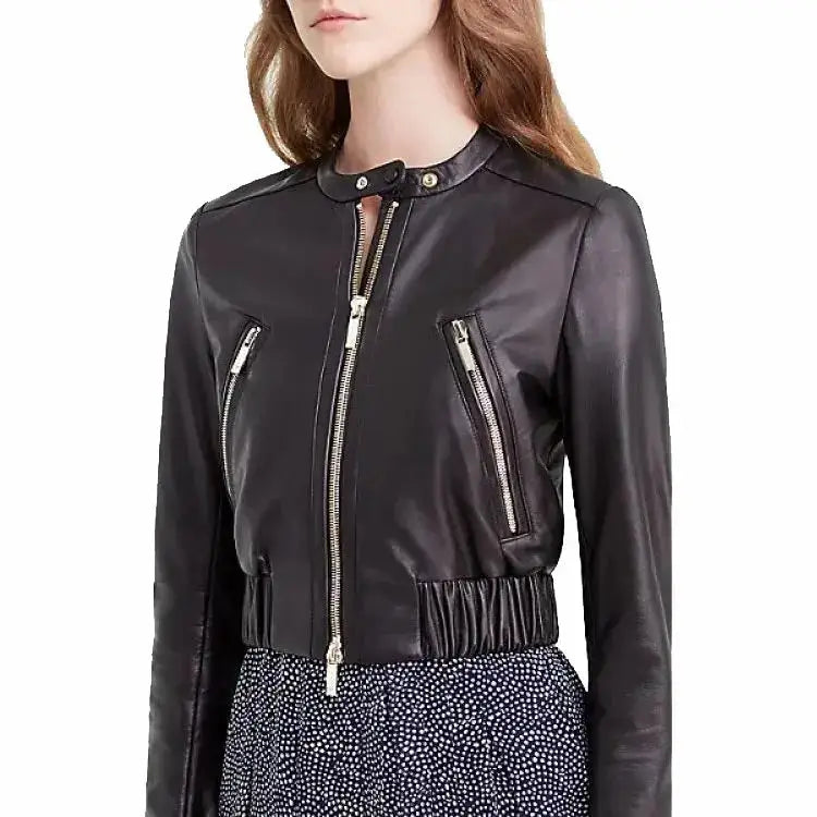 Women's Black Short Leather Bomber Jacket-2