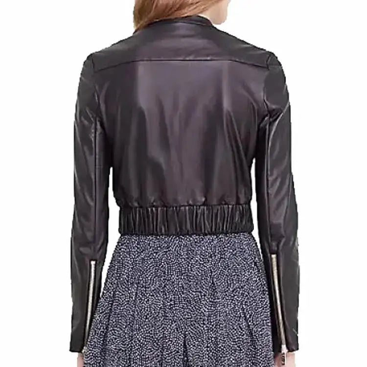 Women's Black Short Leather Bomber Jacket-1