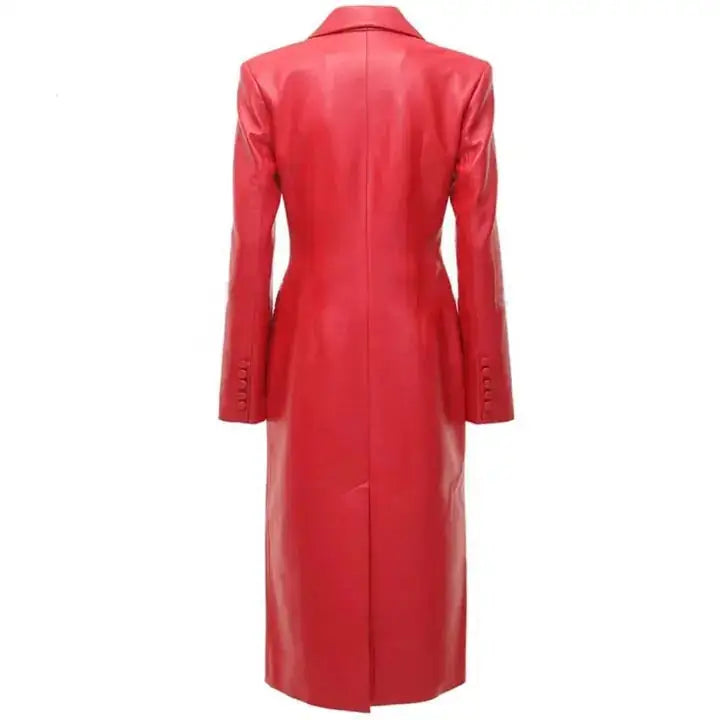 Women's Red Leather Steampunk Button-Up Trench Coat-1