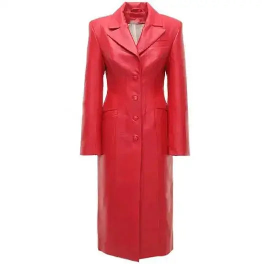 Women's Red Leather Steampunk Button-Up Trench Coat-0