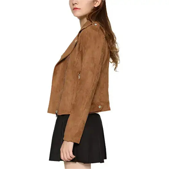 Women's Suede Moto Jacket with Notched Collar-2