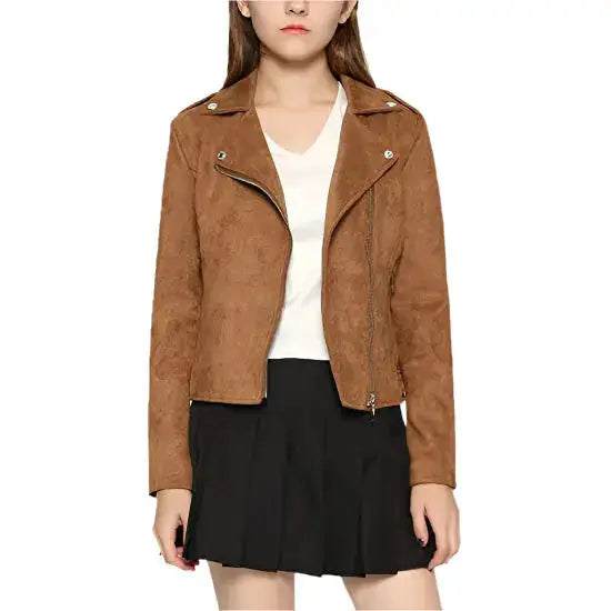 Women's Suede Moto Jacket with Notched Collar-0