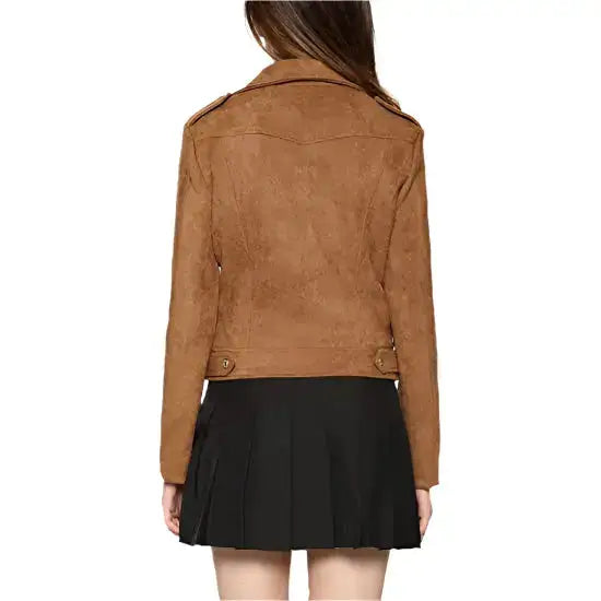 Women's Suede Moto Jacket with Notched Collar-1