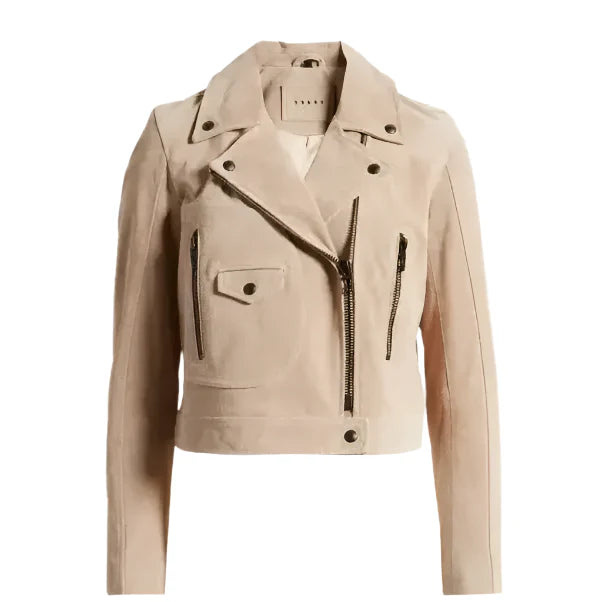 Women’s Tan Beige Suede Leather Biker Jacket-0