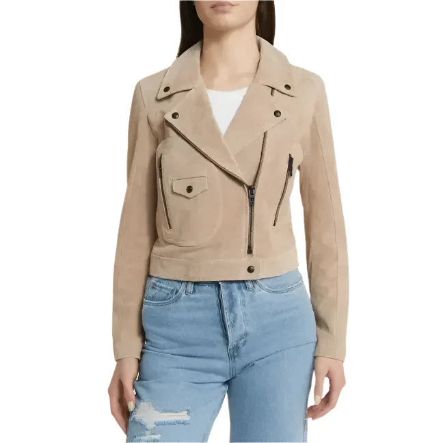 Women’s Tan Beige Suede Leather Biker Jacket-1