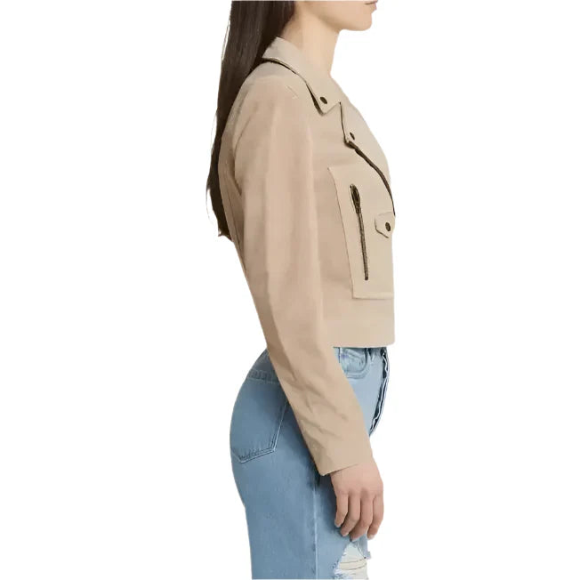 Women’s Tan Beige Suede Leather Biker Jacket-4