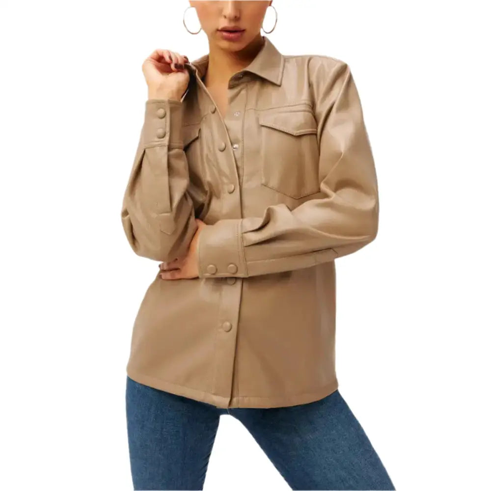 Women's Utility Faux Leather Button-Up Shirt – Warm Caramel-0