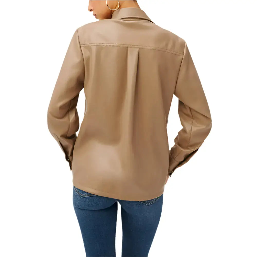 Women's Utility Faux Leather Button-Up Shirt – Warm Caramel-1