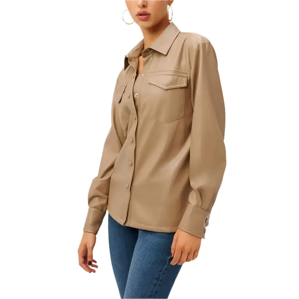 Women's Utility Faux Leather Button-Up Shirt – Warm Caramel-2